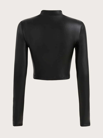 Twist Front Mock Neck PU Leather Tee