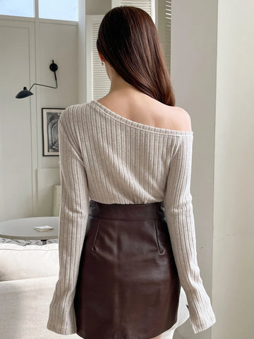 DAZY Asymmetrical Neck Split Sleeve Ribbed Knit Tee