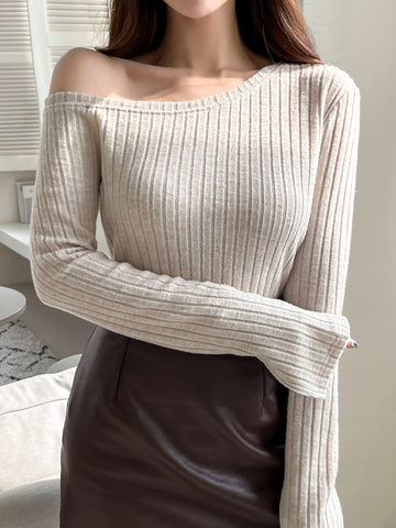 DAZY Asymmetrical Neck Split Sleeve Ribbed Knit Tee