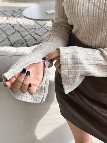 DAZY Asymmetrical Neck Split Sleeve Ribbed Knit Tee