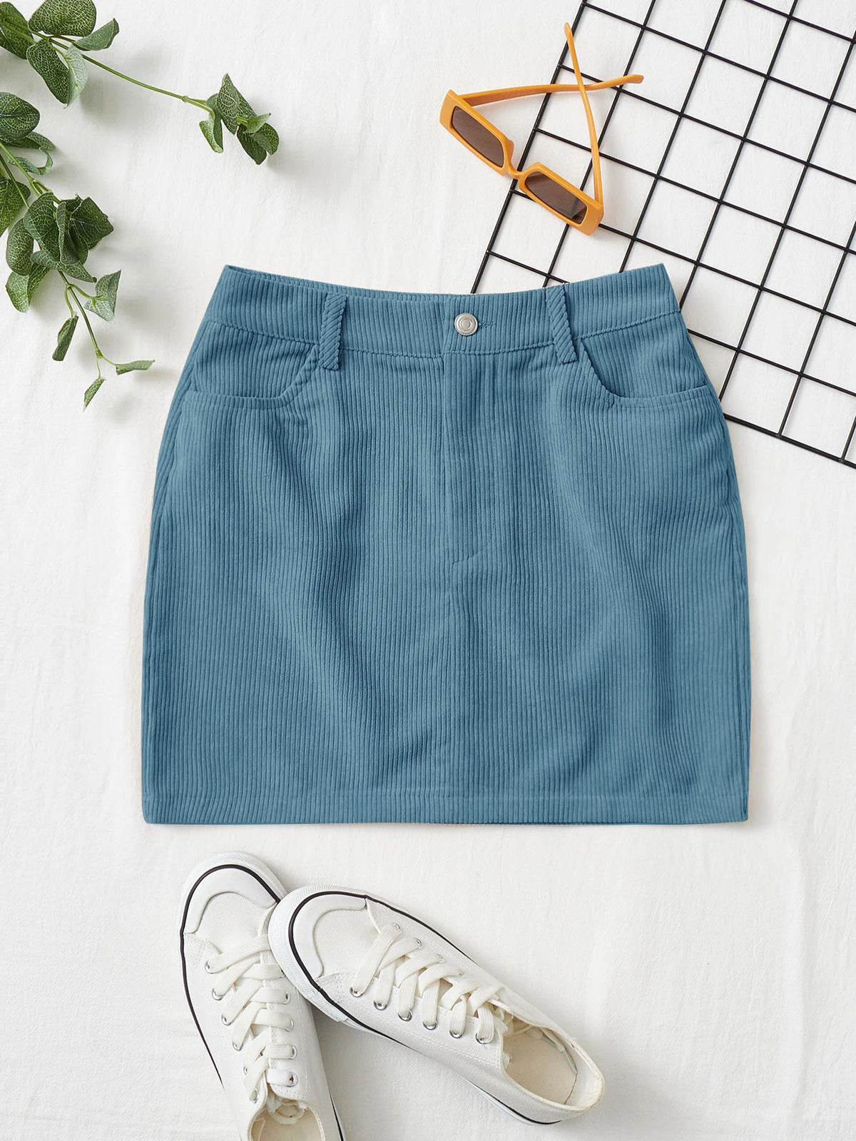 Corduroy Dual Pockets Straight Mini Skirt
