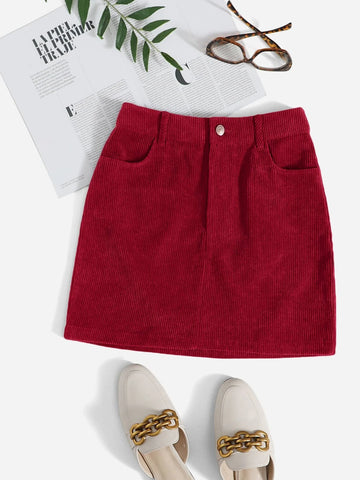 Corduroy Dual Pockets Straight Mini Skirt