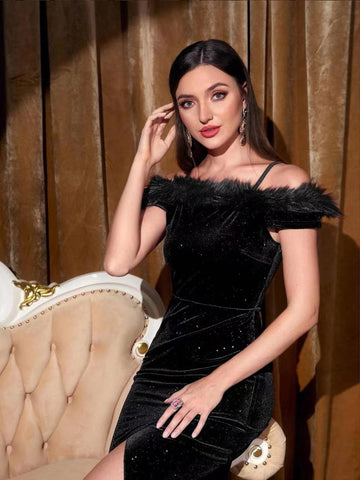 Fuzzy Trim Cold Shoulder Split Thigh Velvet Dress