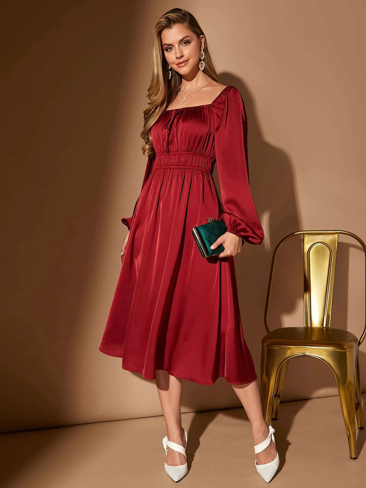 Square Neck Lantern Sleeve Satin Dress