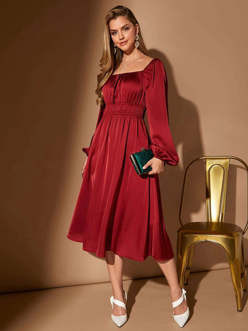 Square Neck Lantern Sleeve Satin Dress