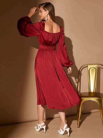 Square Neck Lantern Sleeve Satin Dress
