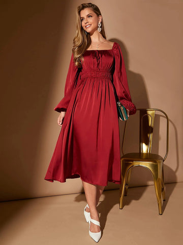 Square Neck Lantern Sleeve Satin Dress