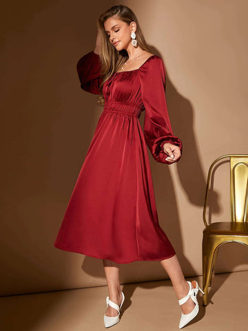 Square Neck Lantern Sleeve Satin Dress