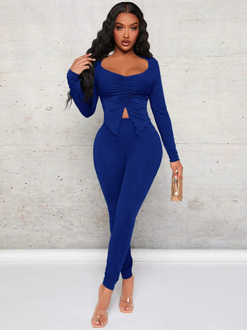 Sweetheart Neck Split Hem Top & Leggings
