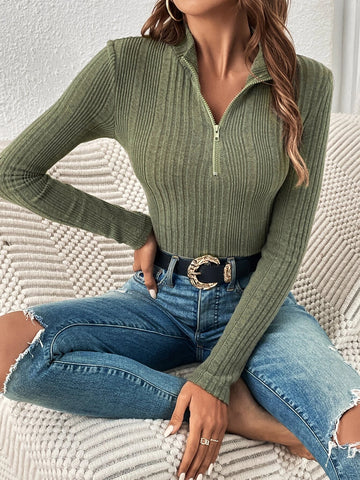 Half Zip Ribbed Knit Bodysuit