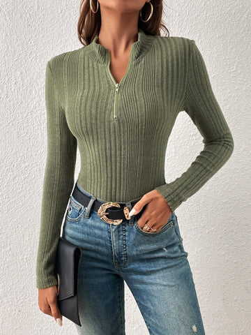 Half Zip Ribbed Knit Bodysuit