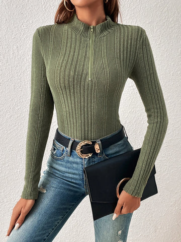 Half Zip Ribbed Knit Bodysuit