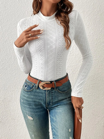 Mock Neck Eyelet Embroidery Bodysuit