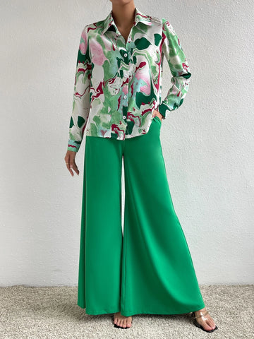 Graphic Print Shirt & Wide Leg Pants
