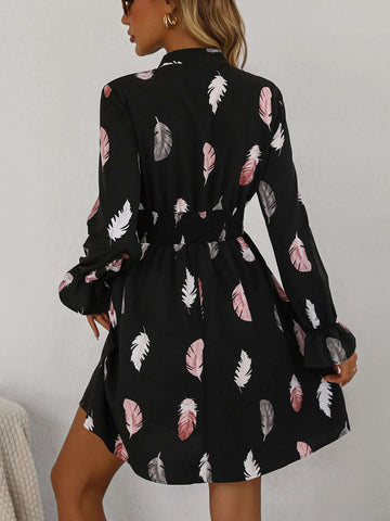 Feather Print Tie Neck Flounce Sleeve Dress
