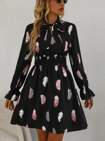 Feather Print Tie Neck Flounce Sleeve Dress
