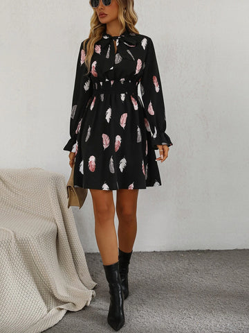 Feather Print Tie Neck Flounce Sleeve Dress