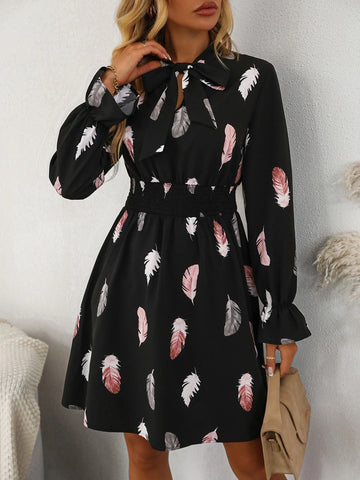 Feather Print Tie Neck Flounce Sleeve Dress