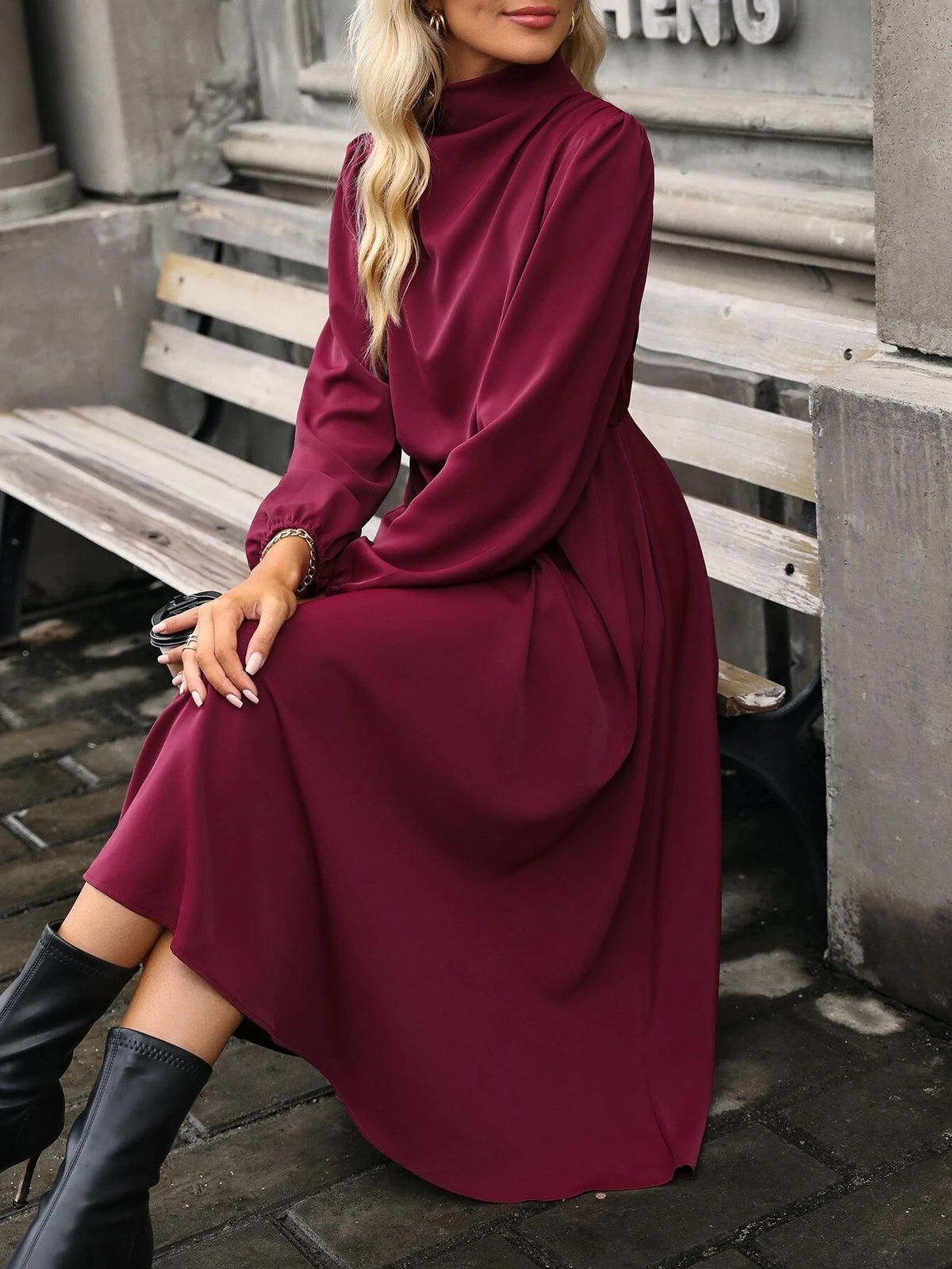 Mock Neck Lantern Sleeve Dress