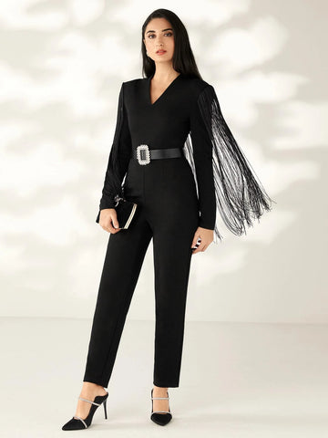 Modely V Neck Fringe Trim Jumpsuit Without Belt