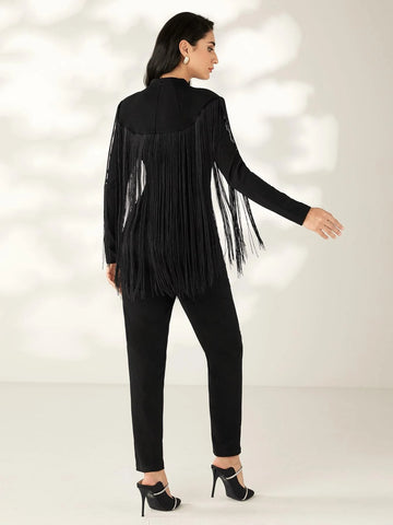 Modely V Neck Fringe Trim Jumpsuit Without Belt