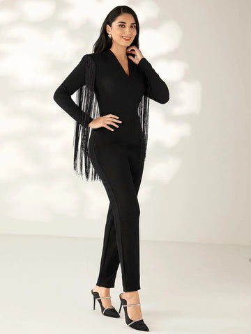 Modely V Neck Fringe Trim Jumpsuit Without Belt