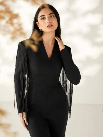 Modely V Neck Fringe Trim Jumpsuit Without Belt