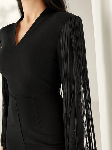 Modely V Neck Fringe Trim Jumpsuit Without Belt