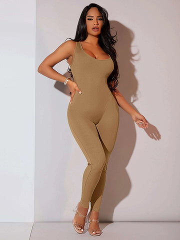 Solid Ribbed Knit Unitard Jumpsuit