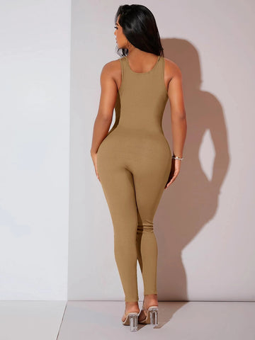 Solid Ribbed Knit Unitard Jumpsuit