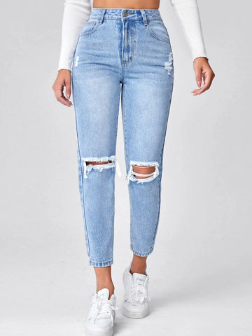 High Waist Ripped Mom Fit Jeans