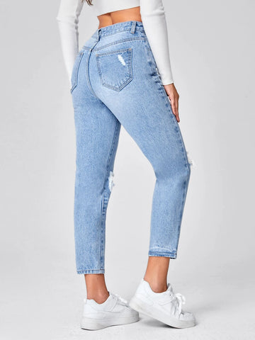High Waist Ripped Mom Fit Jeans