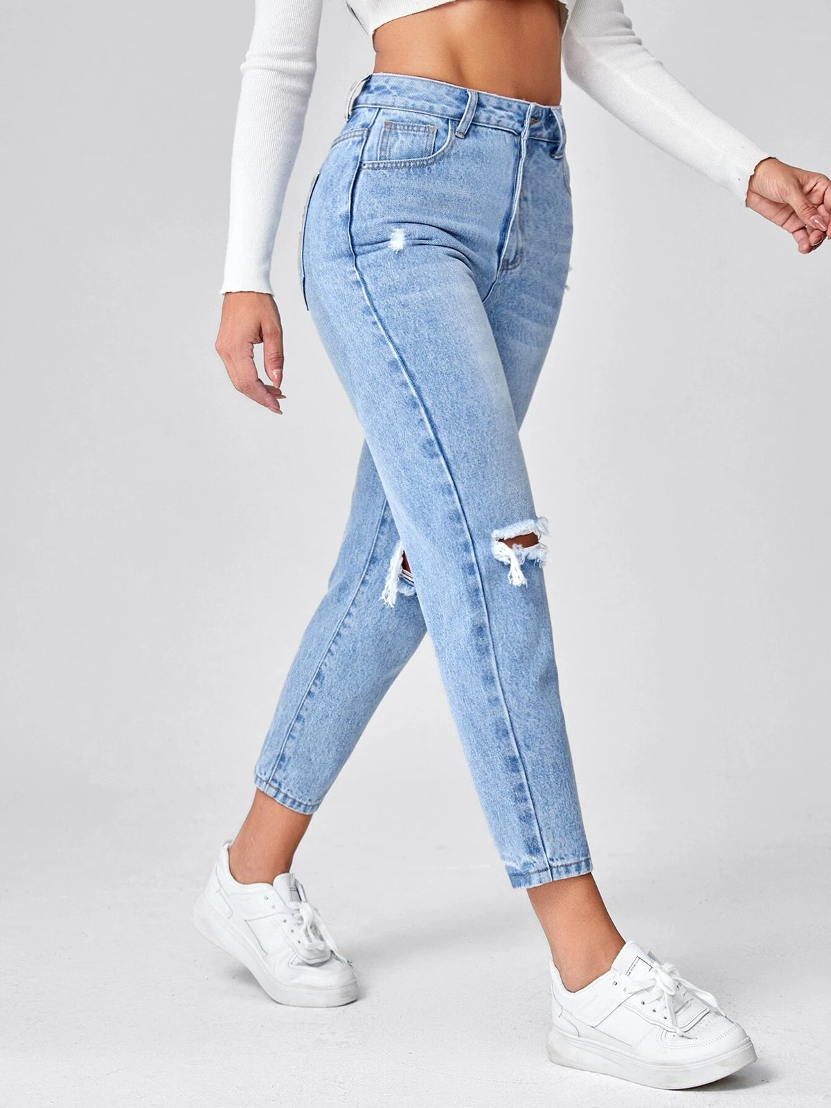 High Waist Ripped Mom Fit Jeans