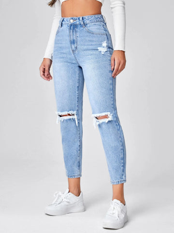 High Waist Ripped Mom Fit Jeans