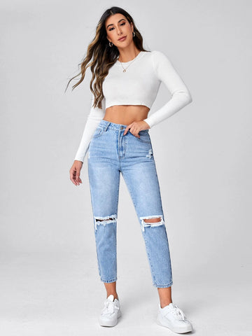 High Waist Ripped Mom Fit Jeans