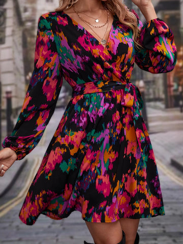 Frenchy Allover Print Lantern Sleeve Belted Dress