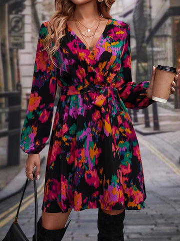 Frenchy Allover Print Lantern Sleeve Belted Dress