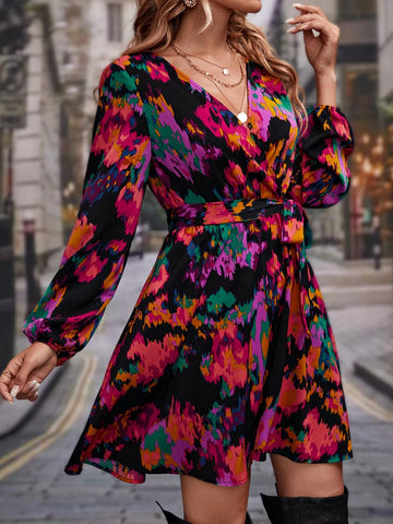Frenchy Allover Print Lantern Sleeve Belted Dress