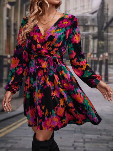 Frenchy Allover Print Lantern Sleeve Belted Dress