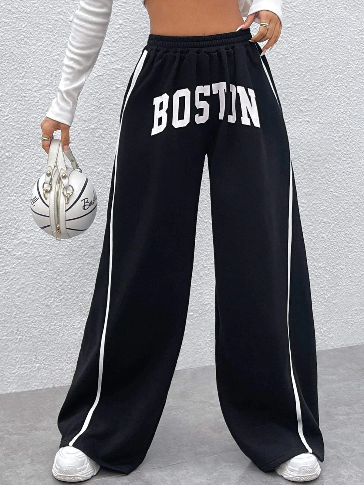 Letter Graphic Contrast Tape Wide Leg Pants