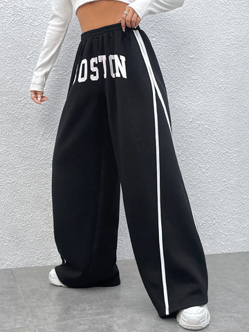 Letter Graphic Contrast Tape Wide Leg Pants
