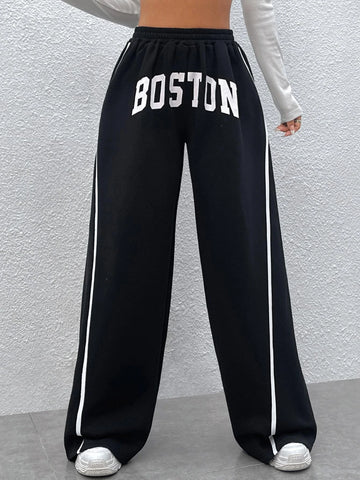 Letter Graphic Contrast Tape Wide Leg Pants