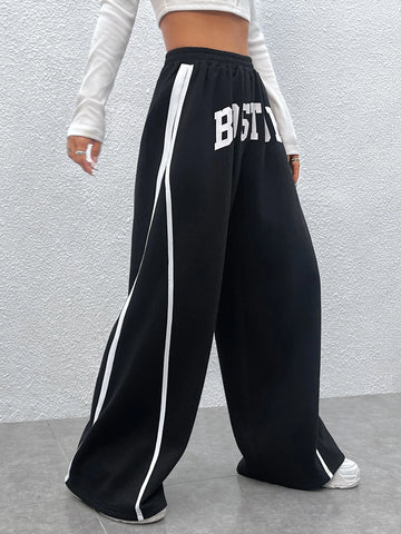 Letter Graphic Contrast Tape Wide Leg Pants