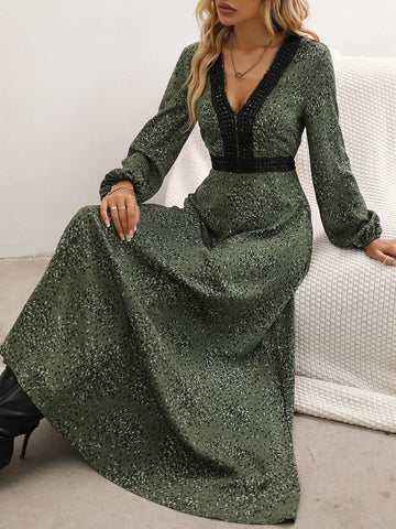 Guipure Lace Insert Lantern Sleeve Dress