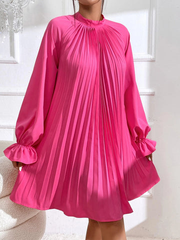Flounce Sleeve Tie Back Pleated Detail Raglan Sleeve Dress