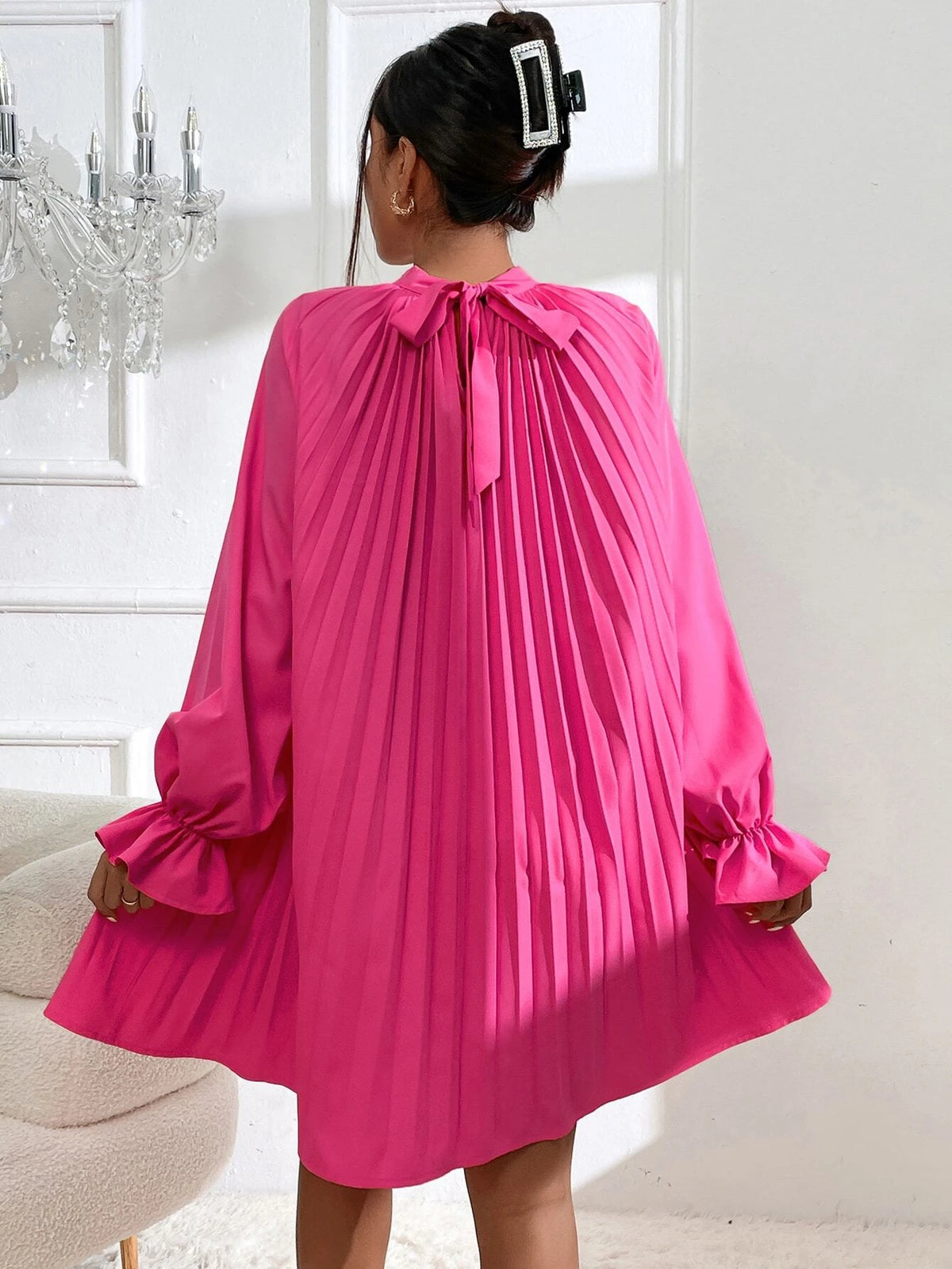 Flounce Sleeve Tie Back Pleated Detail Raglan Sleeve Dress