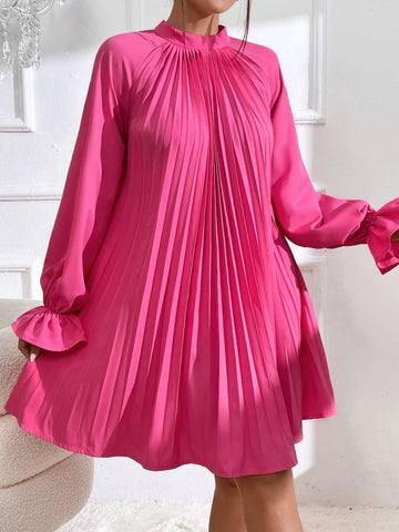 Flounce Sleeve Tie Back Pleated Detail Raglan Sleeve Dress