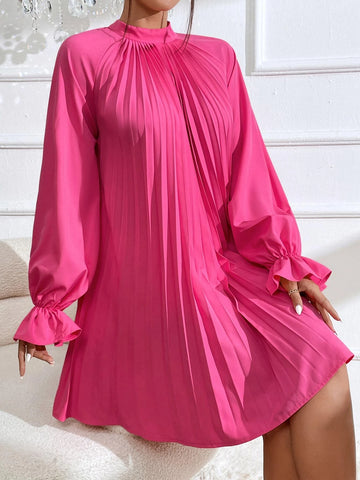 Flounce Sleeve Tie Back Pleated Detail Raglan Sleeve Dress
