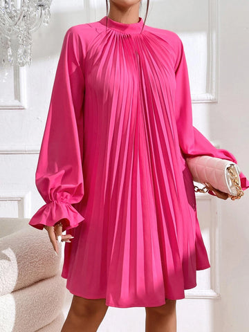 Flounce Sleeve Tie Back Pleated Detail Raglan Sleeve Dress