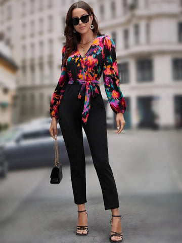 Graphic Print Surplice Neck Belted Jumpsuit